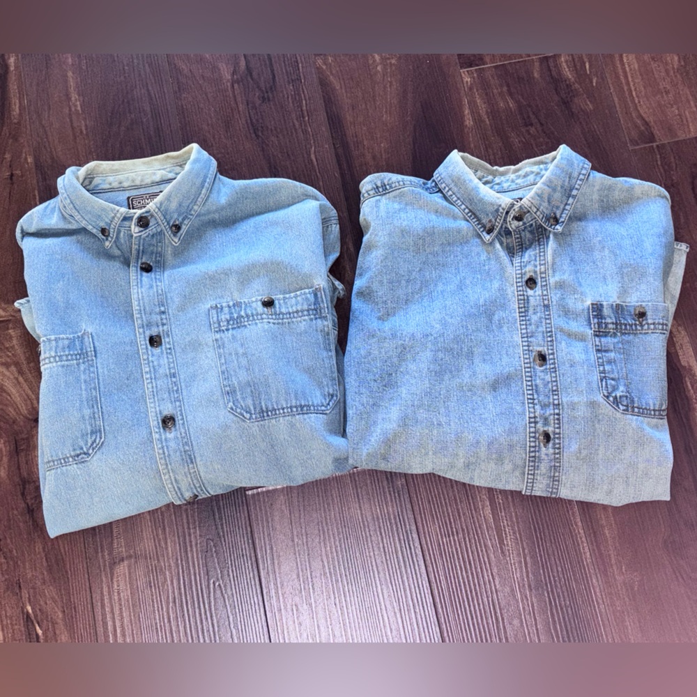 Lot Of 2 Vintage C.E. Schmidt Workwear Denim Shirts Long Sleeve Sz Lg Rugged